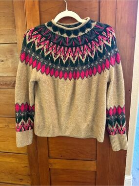 Vince Camuto Fair Isle Cozy Pullover Knit Sweater Pink Tan Green XS